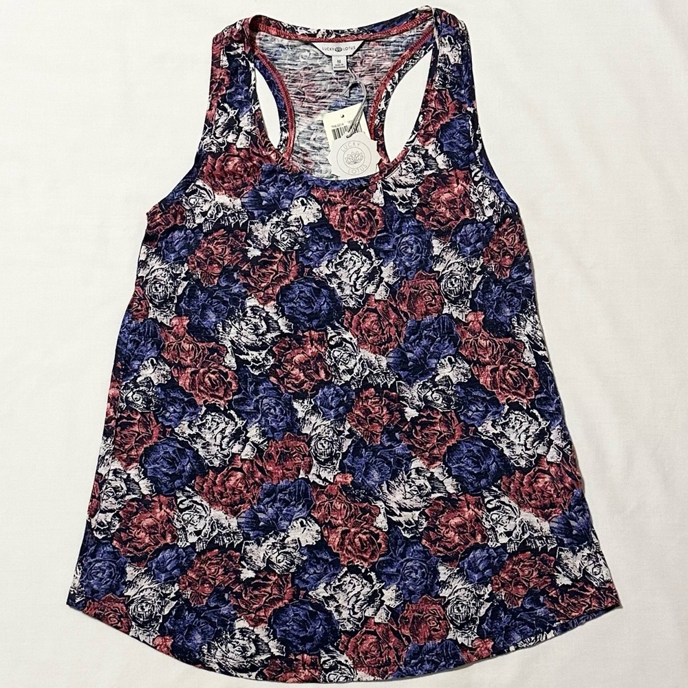 Lucky Brand Lucky Lotus Racerback Yoga Tank, Violet and Pink Rose Print NWT - M